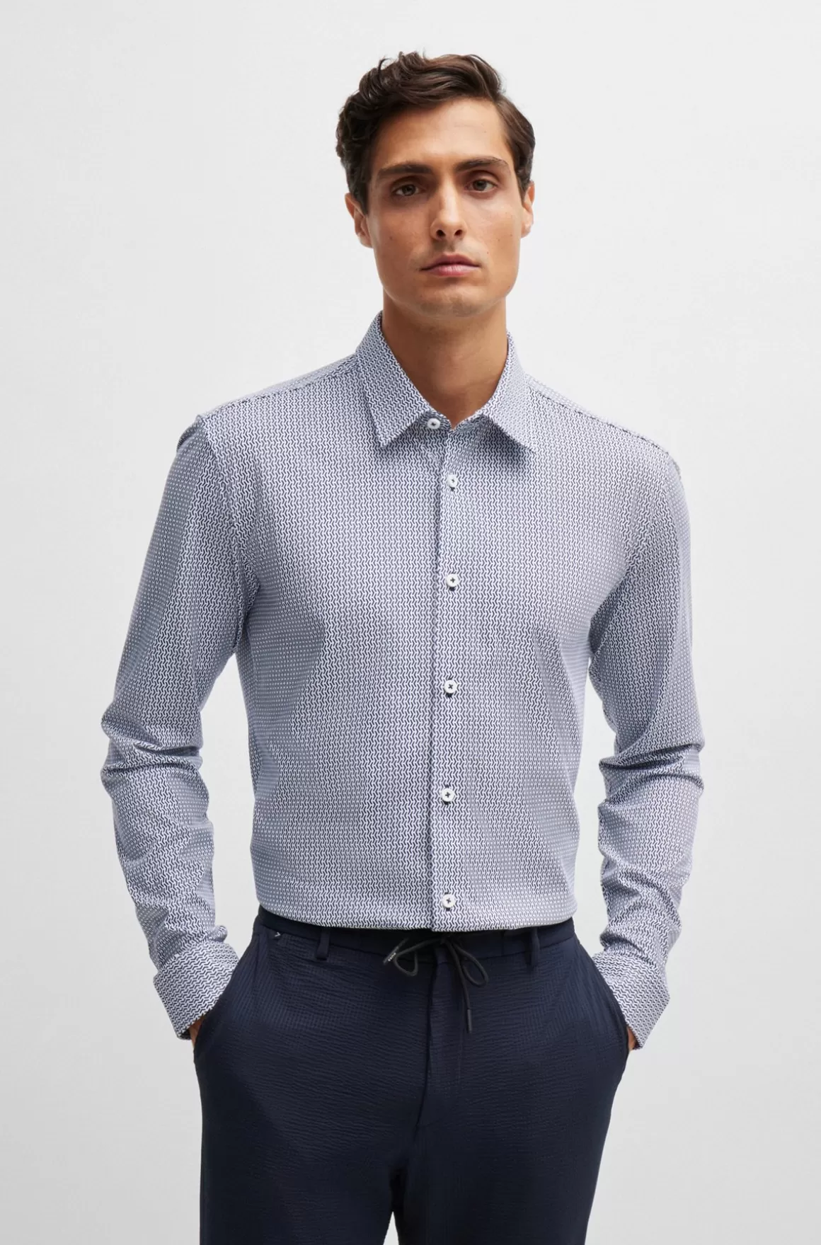 HUGO BOSS Skjorte Med Slim Fit I Blandet Materiale Med Performance-stræk Og Print