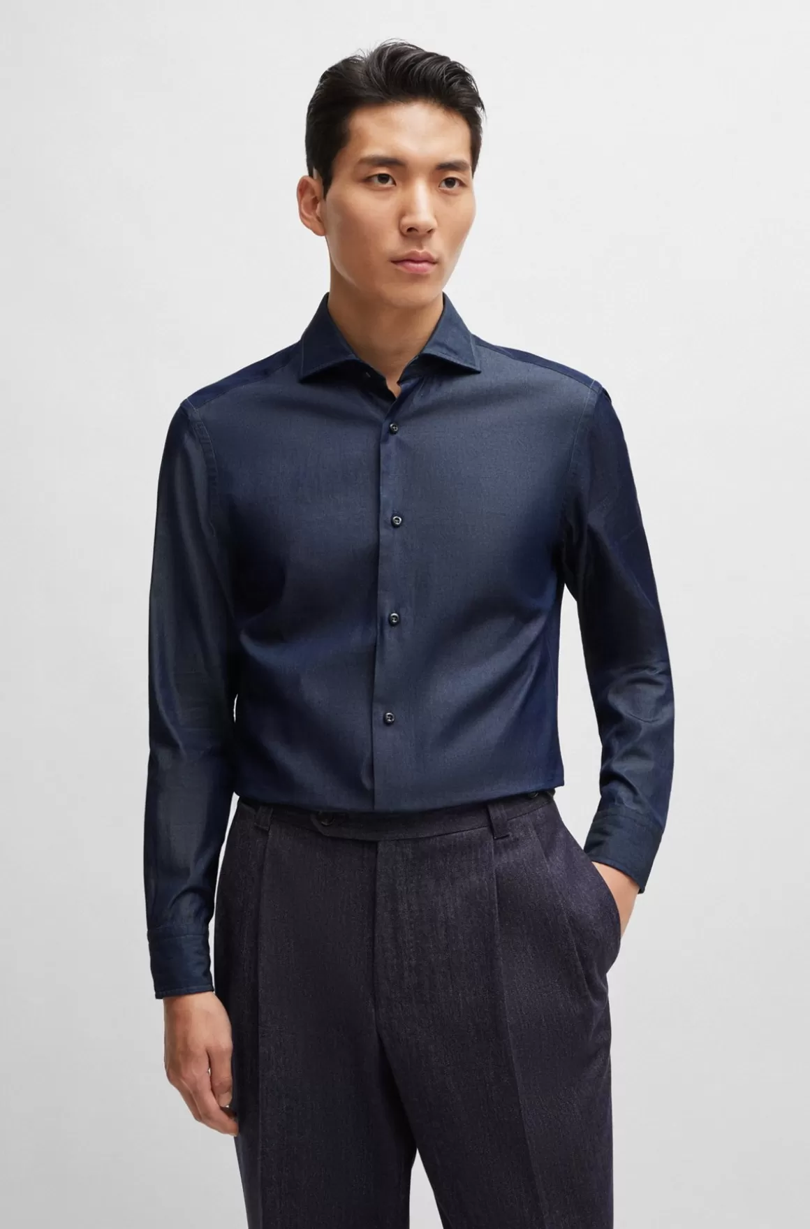 HUGO BOSS Skjorte Med Slim Fit I Bomuldsdenim Med Viftekrave