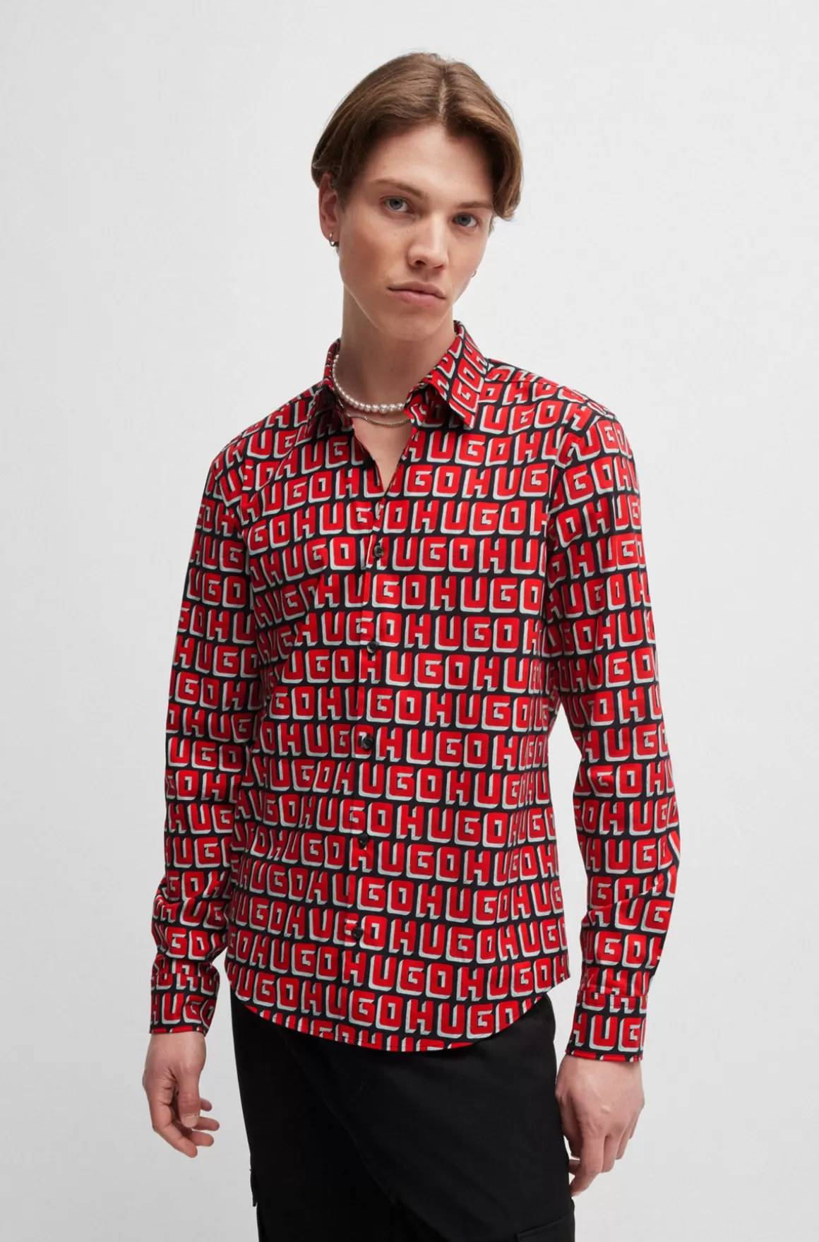 HUGO BOSS Skjorte Med Slim Fit I Bomuldspoplin Med Stræk Og Logoprint