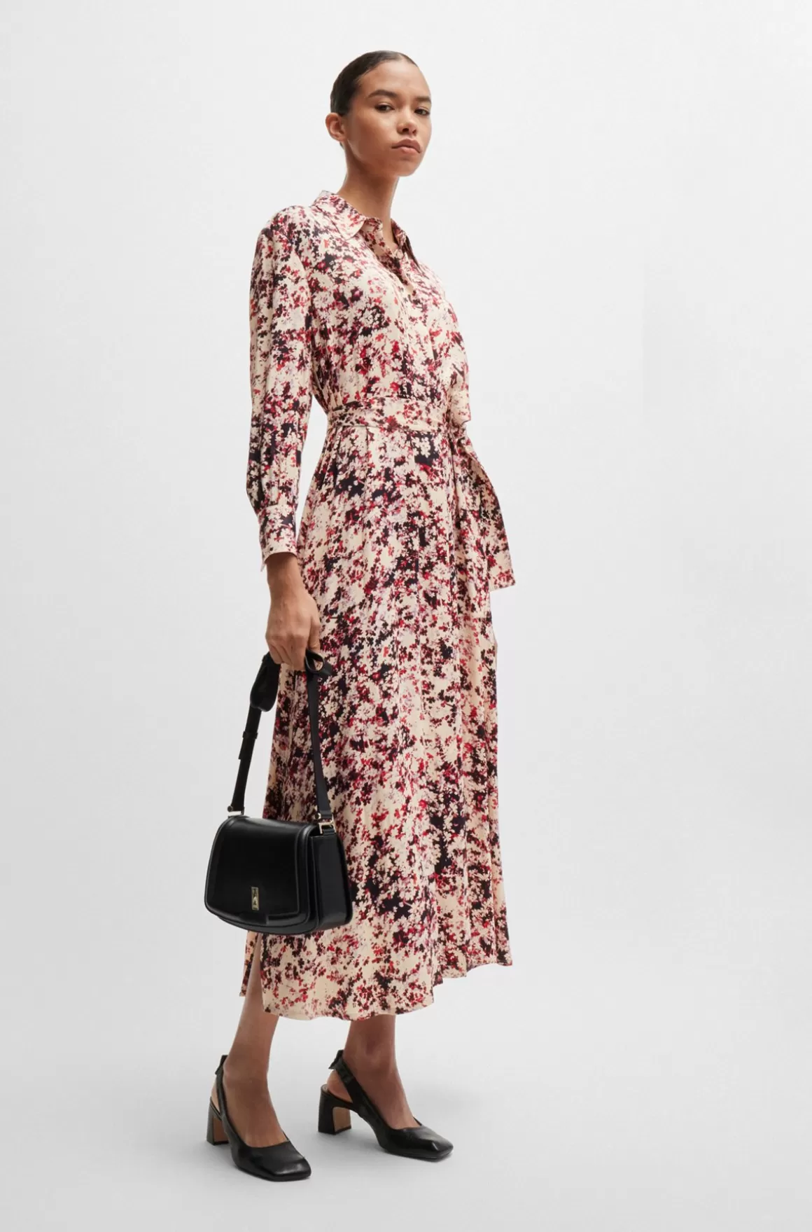 HUGO BOSS Skjortekjole Med Lange ærmer I Satin Med Blomsterprint