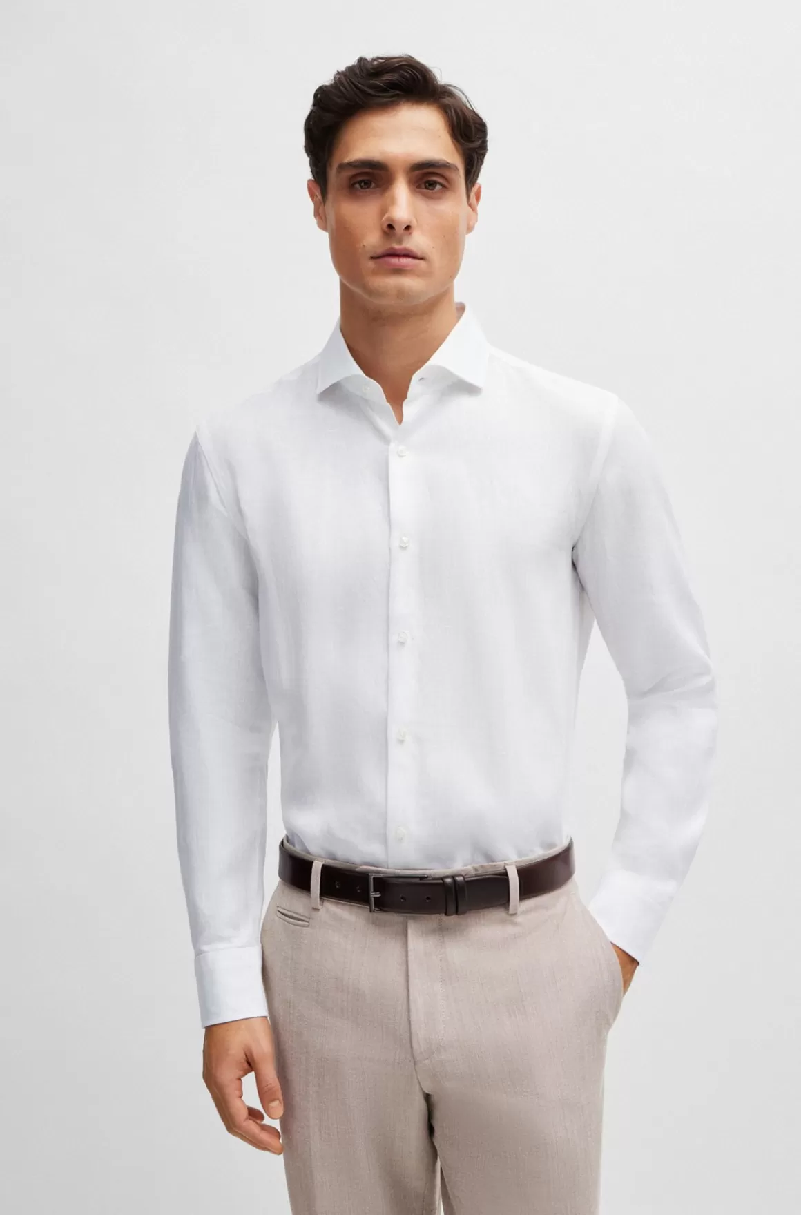 HUGO BOSS Slim Fit Skjorte I Hør Med Viftekrave