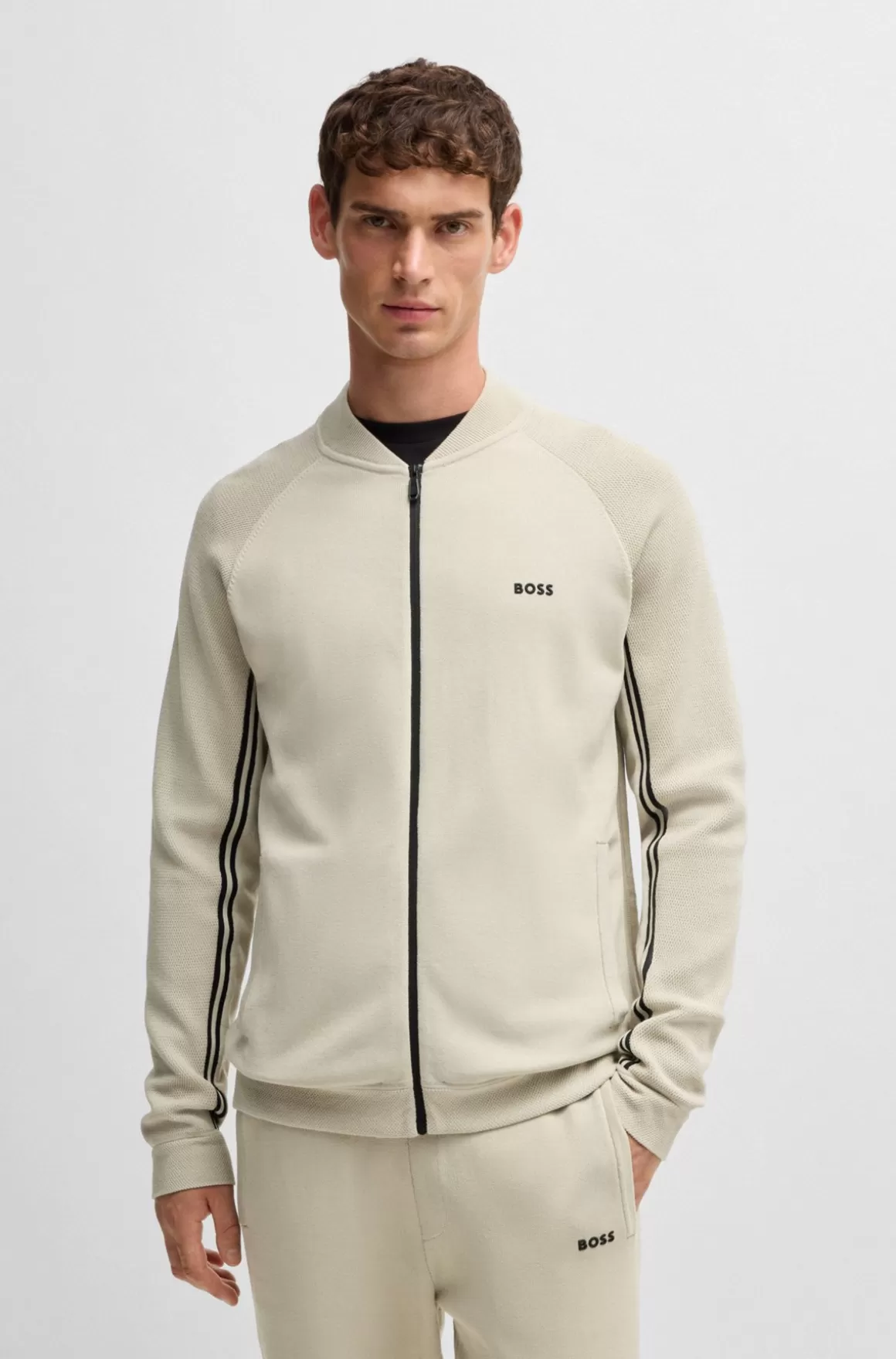 HUGO BOSS Strikket Cardigan Med Lynlås Og Striber I Mikrostruktur