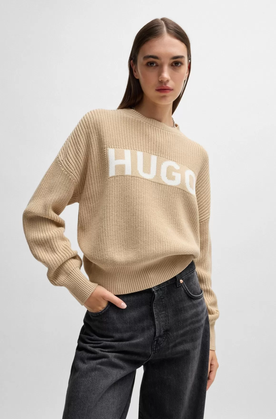 HUGO BOSS Strikket Sweater I Ren Bomuld Med Kontrastlogo