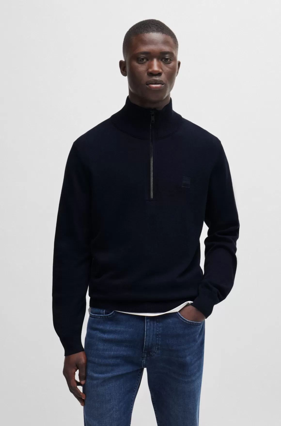HUGO BOSS Striksweater Med Lynlås I Halsen I Bomuld Og Kashmir