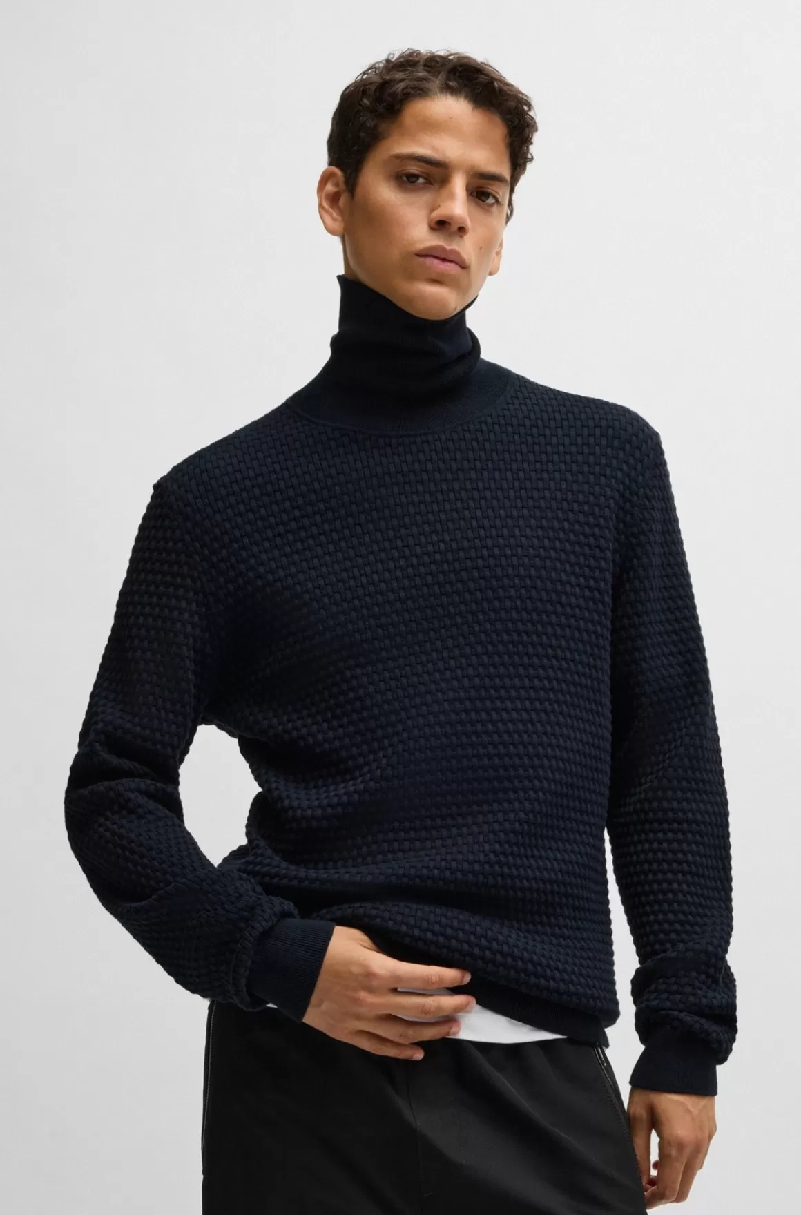 HUGO BOSS Strukturstrikket Rullekravesweater I Bomuld