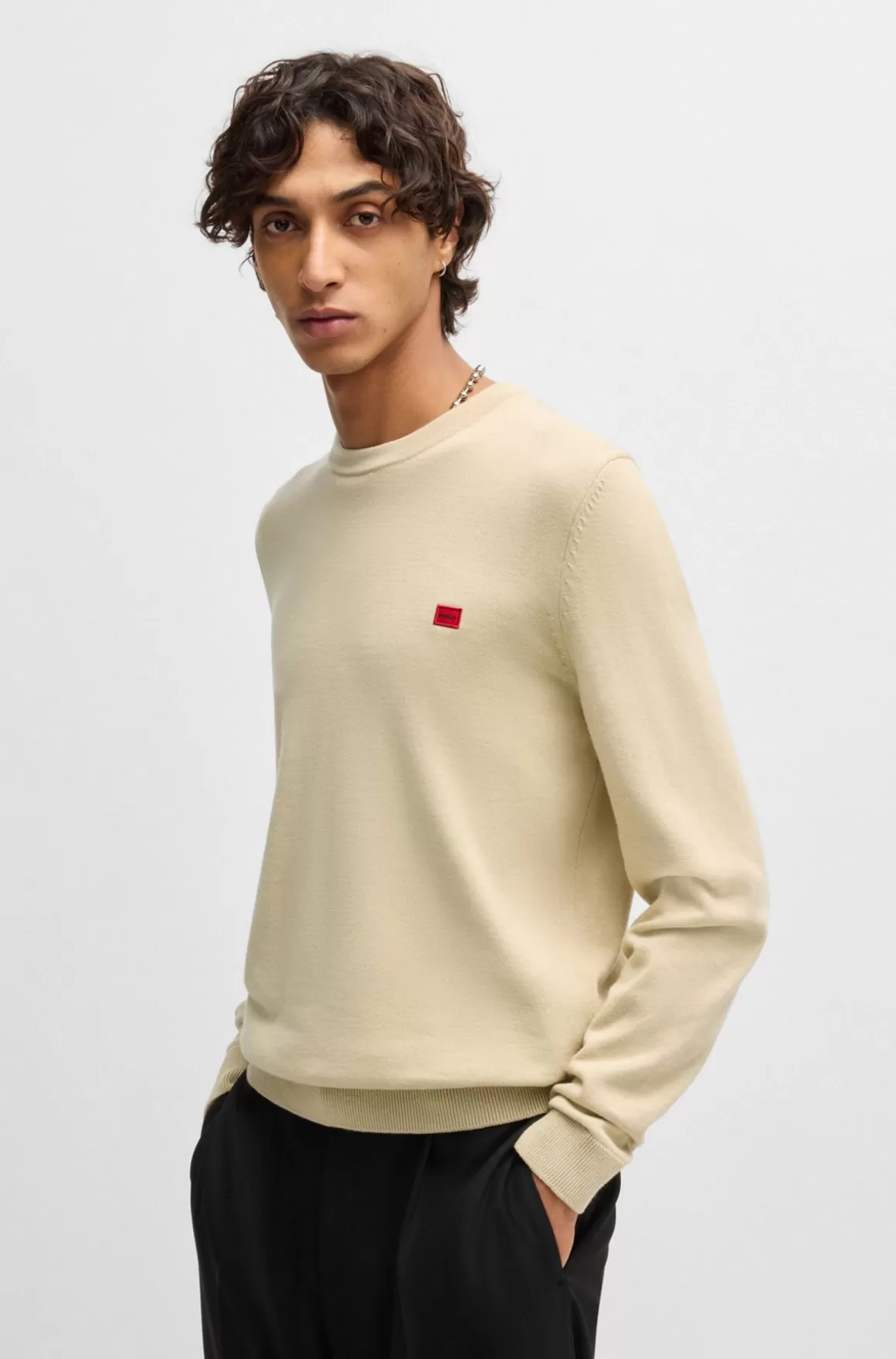 HUGO BOSS Sweater Af Strikket Bomuld Med Rødt Logomærke