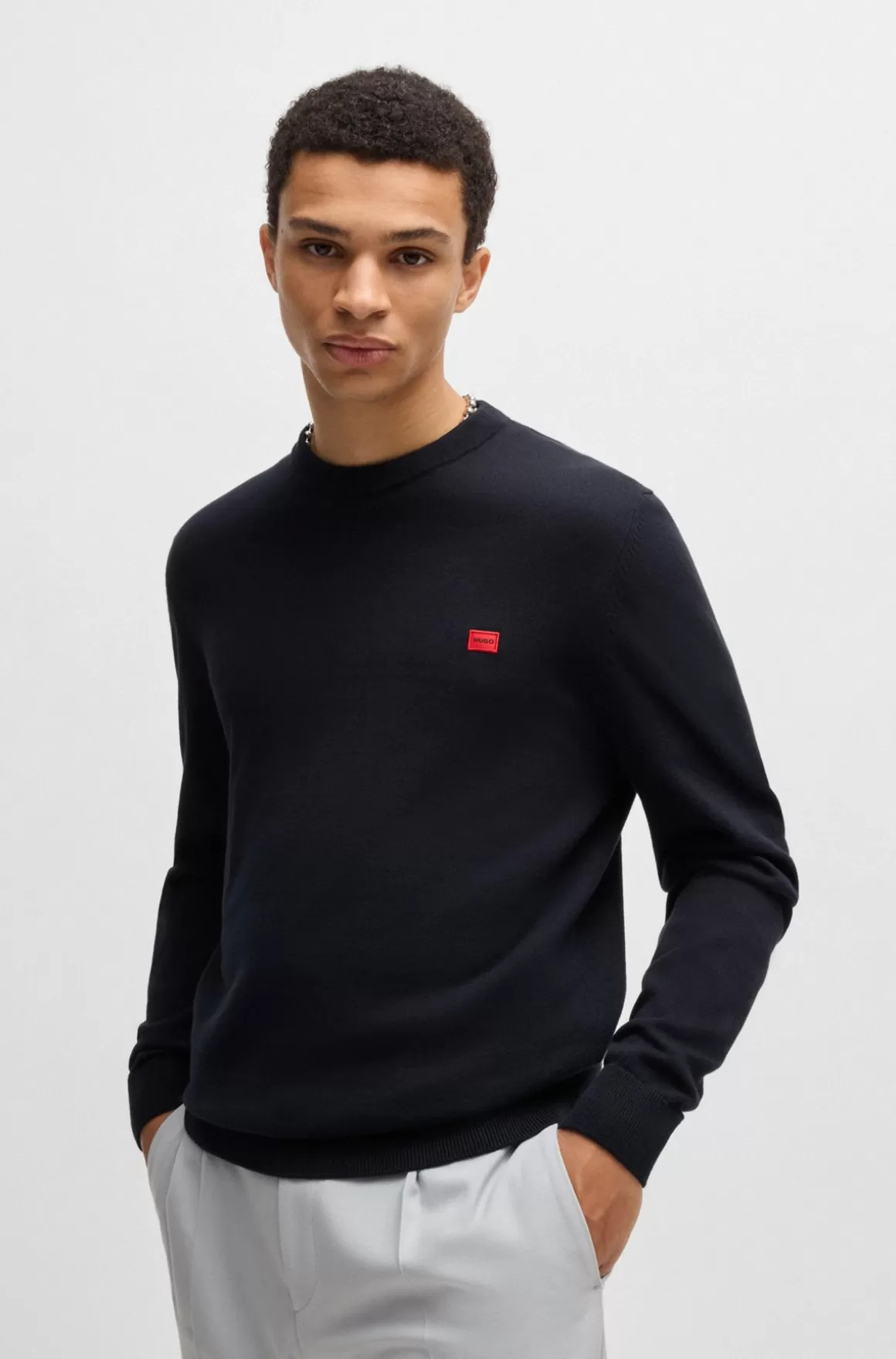 HUGO BOSS Sweater Af Strikket Bomuld Med Rødt Logomærke
