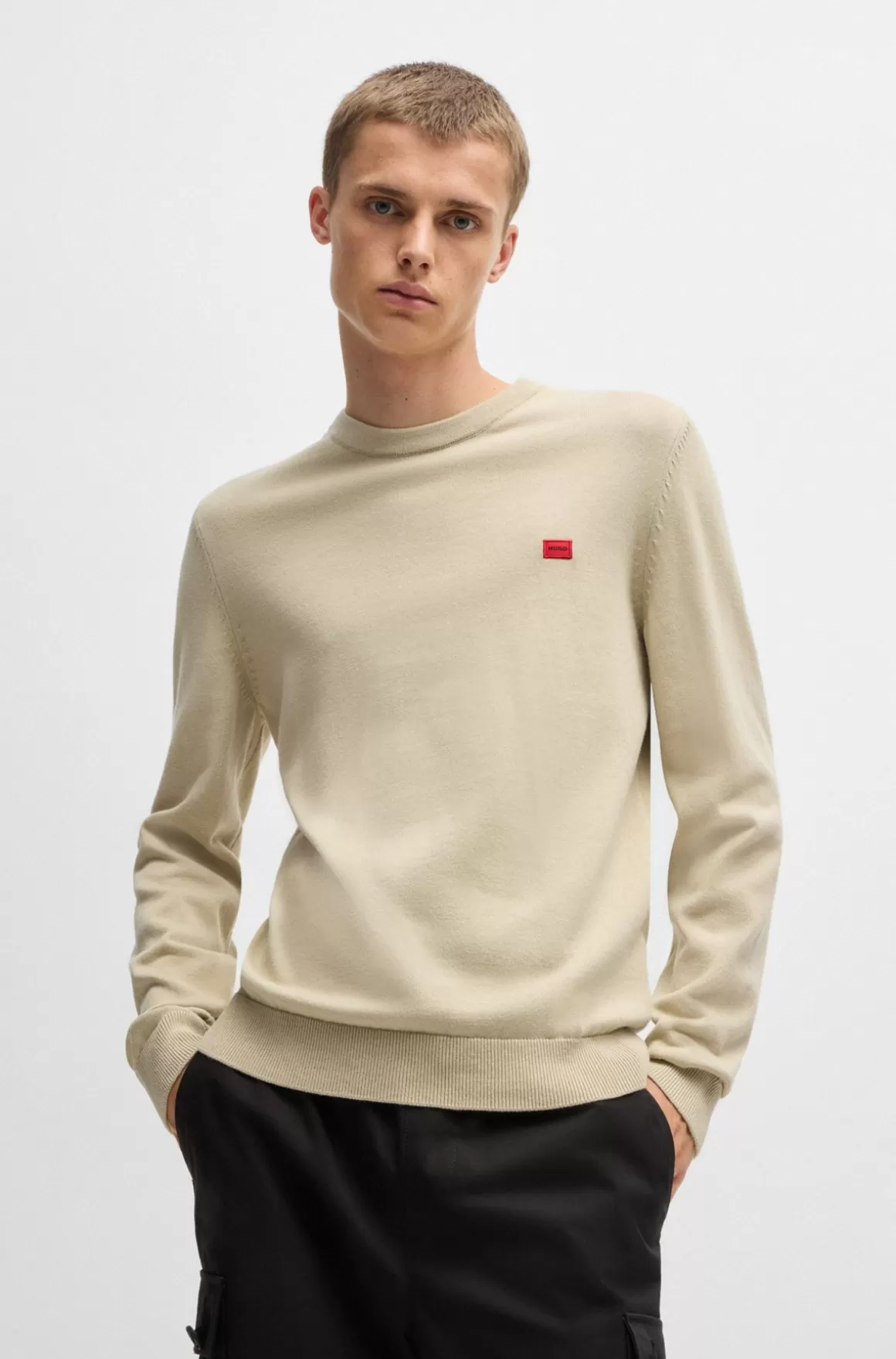 HUGO BOSS Sweater Af Strikket Bomuld Med Rødt Logomærke