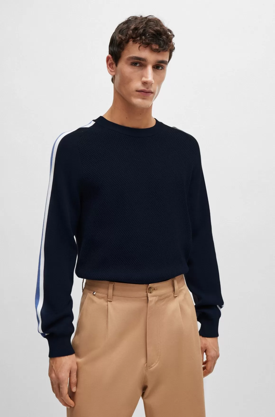 HUGO BOSS Sweater I Bomuld Med Colour Blocking Og Meshdetalje
