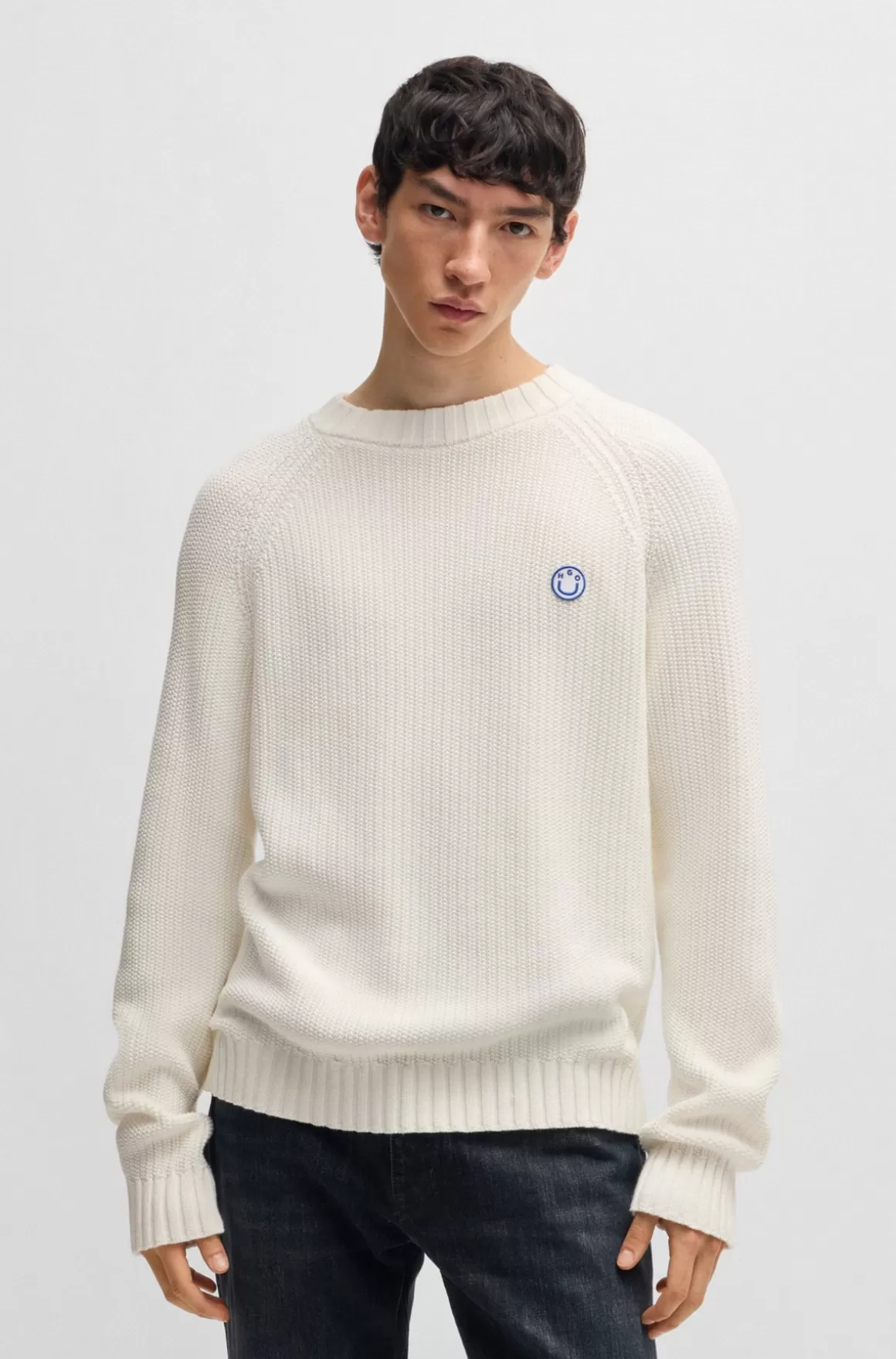 HUGO BOSS Sweater I Bomuld Med Ribstruktur Og Logobadge