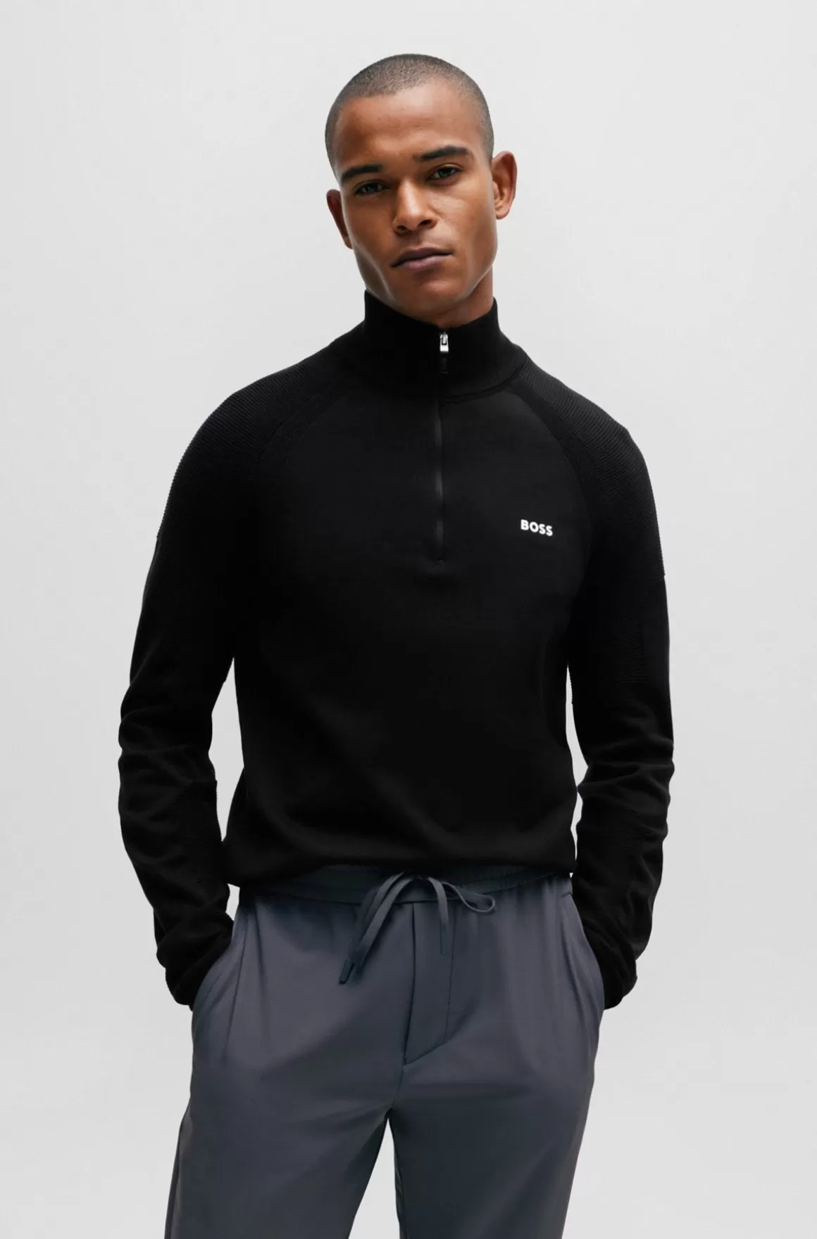 HUGO BOSS Sweater I Bomuldsblanding Med Lynlås I Halsen Og Logodetalje