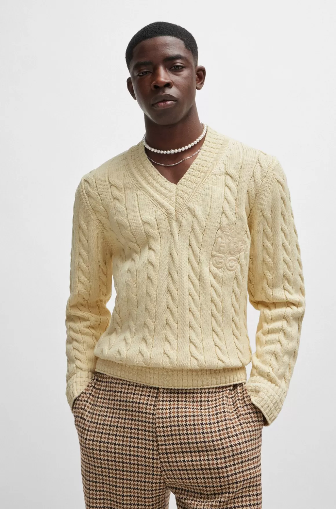HUGO BOSS Sweater I Kabelstrikket Bomuldsblanding Med Stablet Logo
