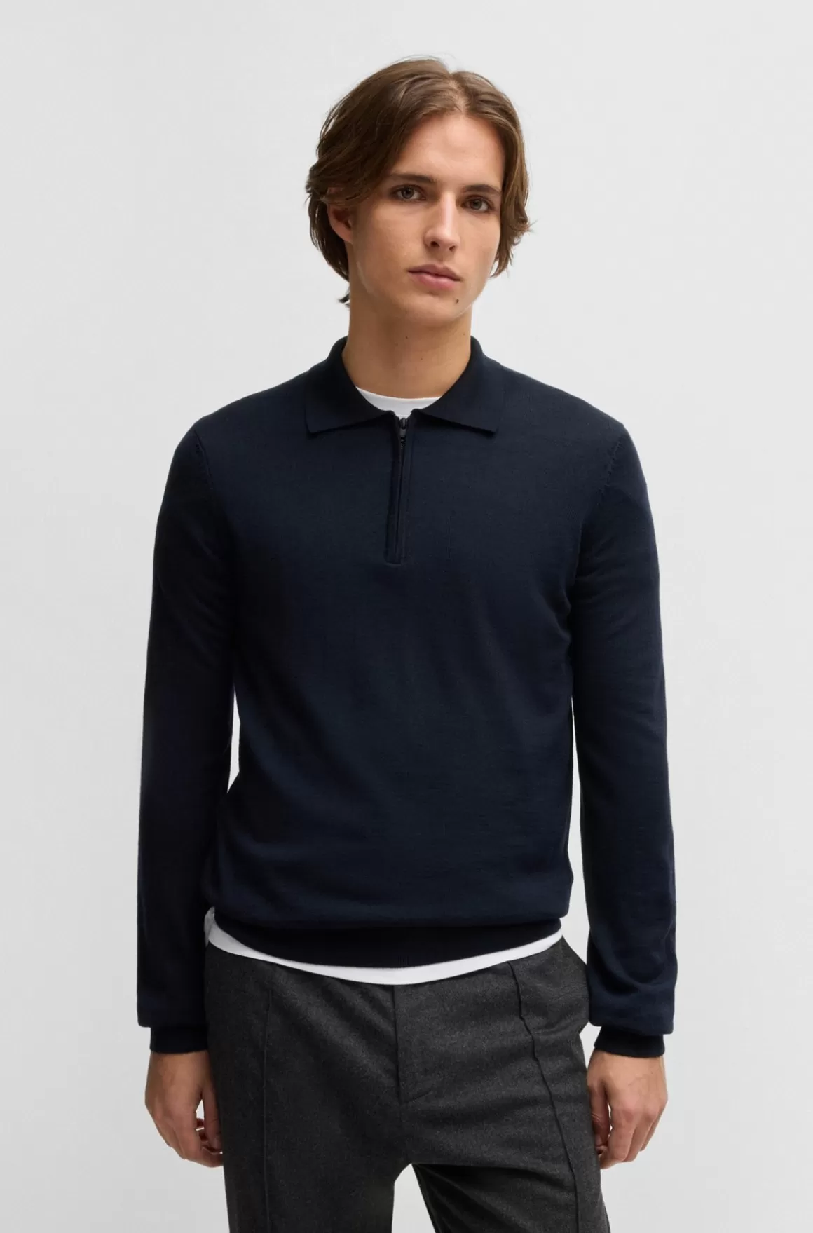 HUGO BOSS Sweater I Ny Uld Med Lynlåshals Og Polo-krave