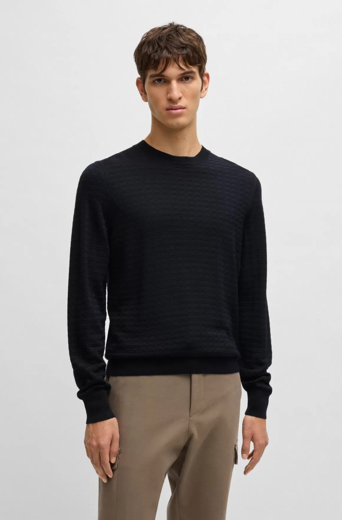 HUGO BOSS Sweater I Silke Med Strikket Struktur Og Regular Fit