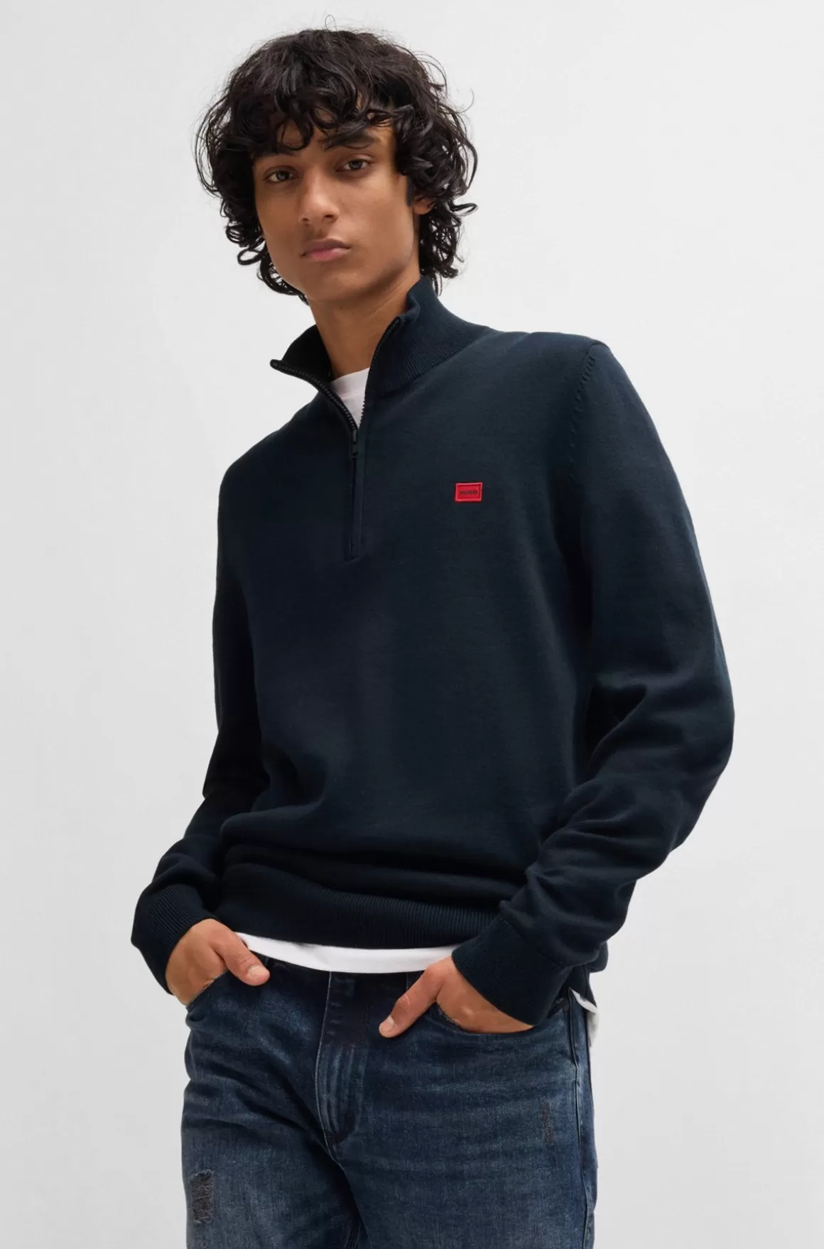 HUGO BOSS Sweater I Strikket Bomuld Med Lynlås I Halsen Og Rødt Logomærkat