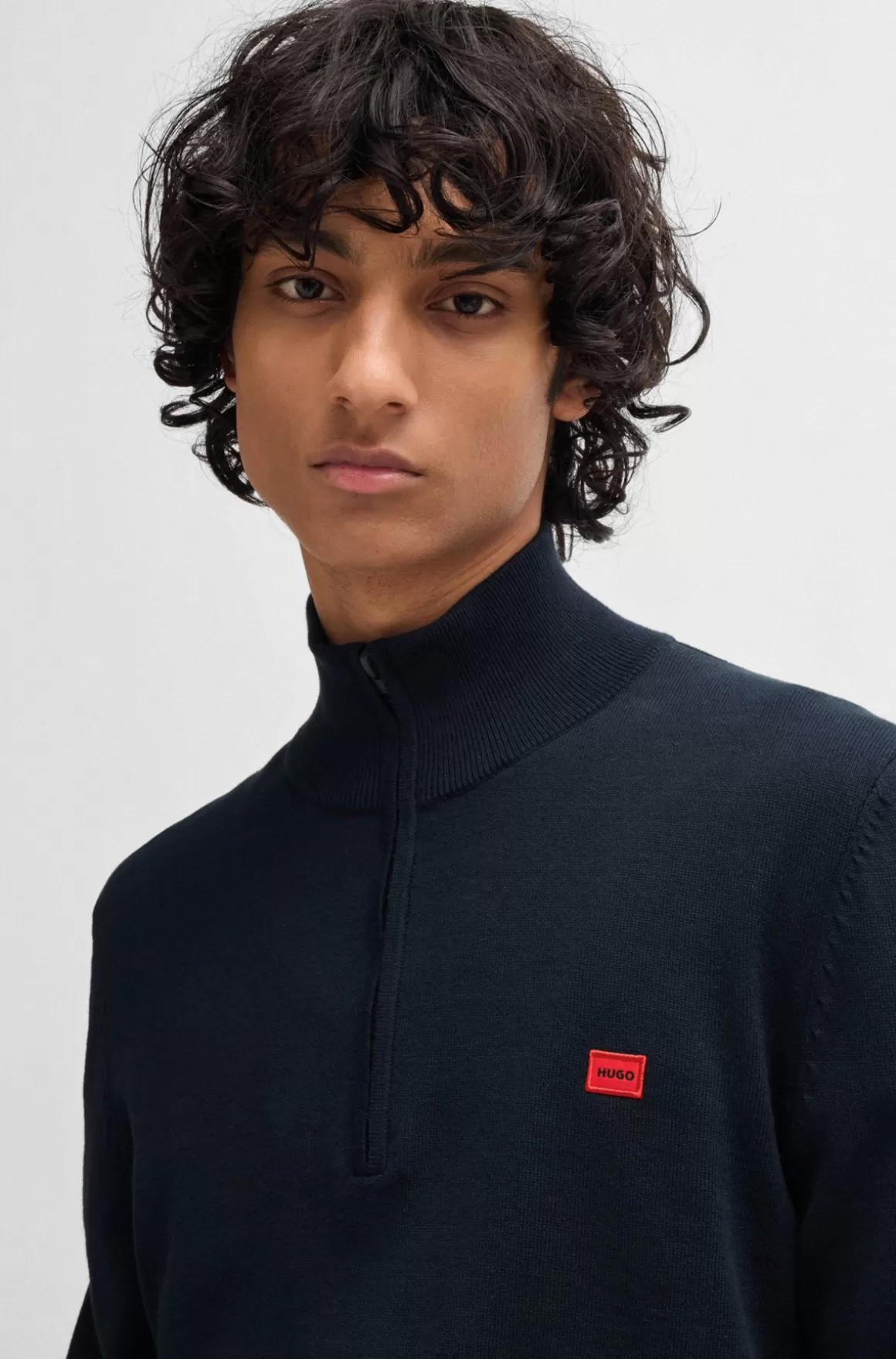 HUGO BOSS Sweater I Strikket Bomuld Med Lynlås I Halsen Og Rødt Logomærkat