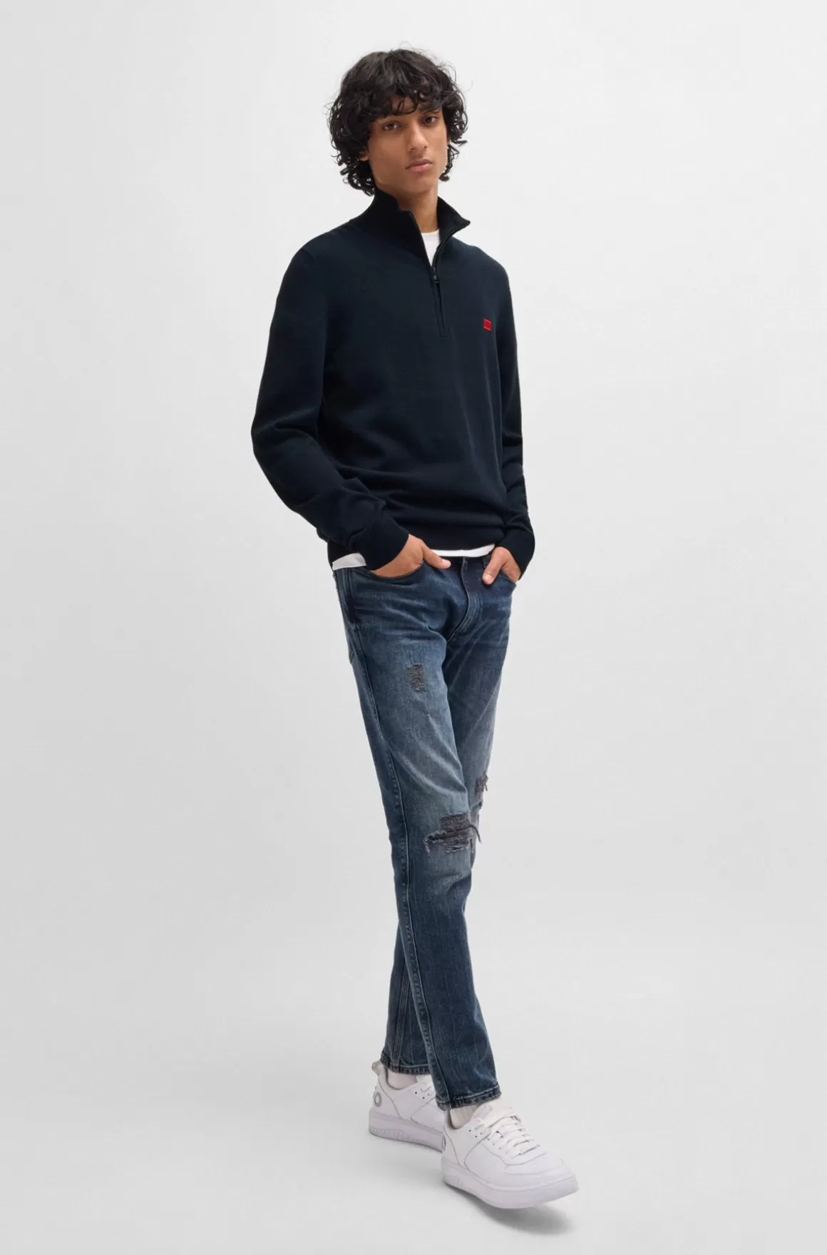 HUGO BOSS Sweater I Strikket Bomuld Med Lynlås I Halsen Og Rødt Logomærkat