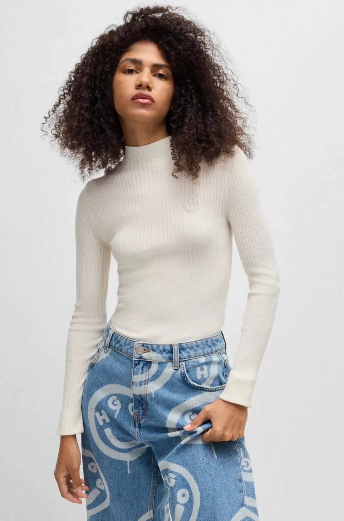 HUGO BOSS Sweater Med Høj Hals Og Broderet Happy HUGO Logo