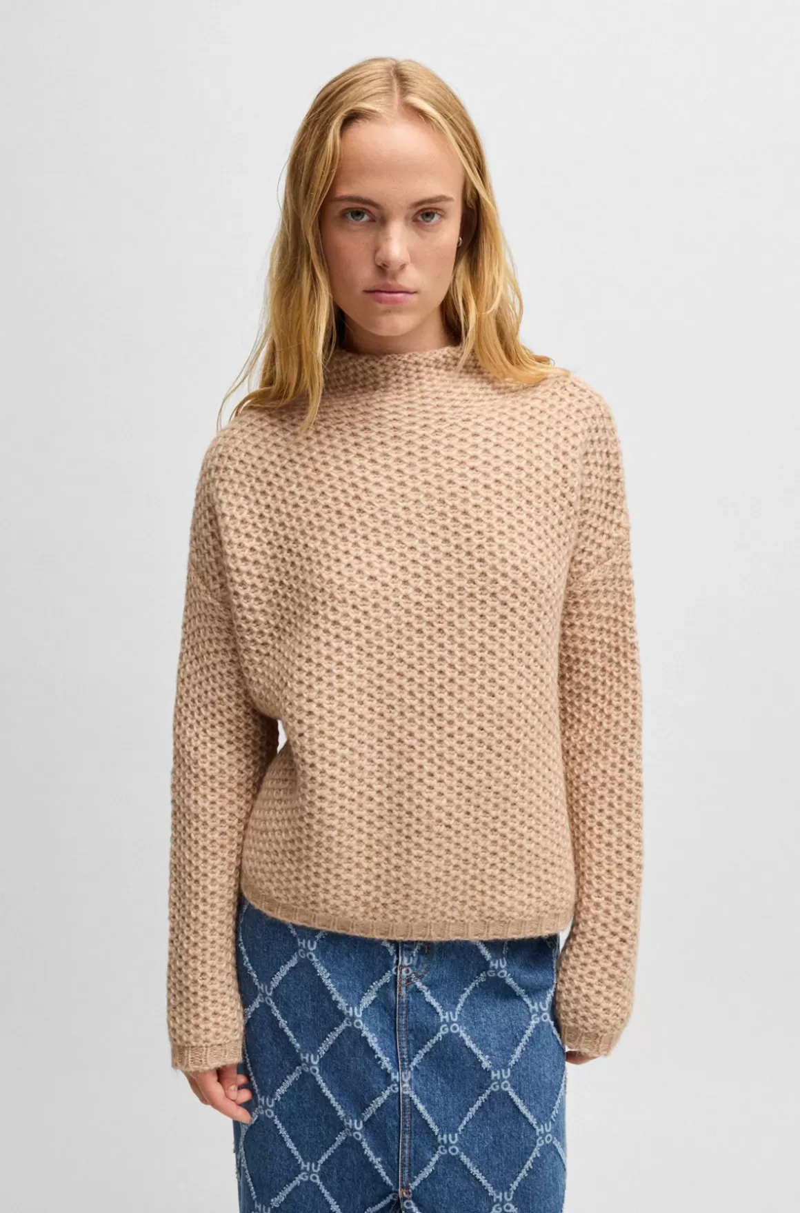 HUGO BOSS Sweater Med Høj Krave Og Riskornstruktur