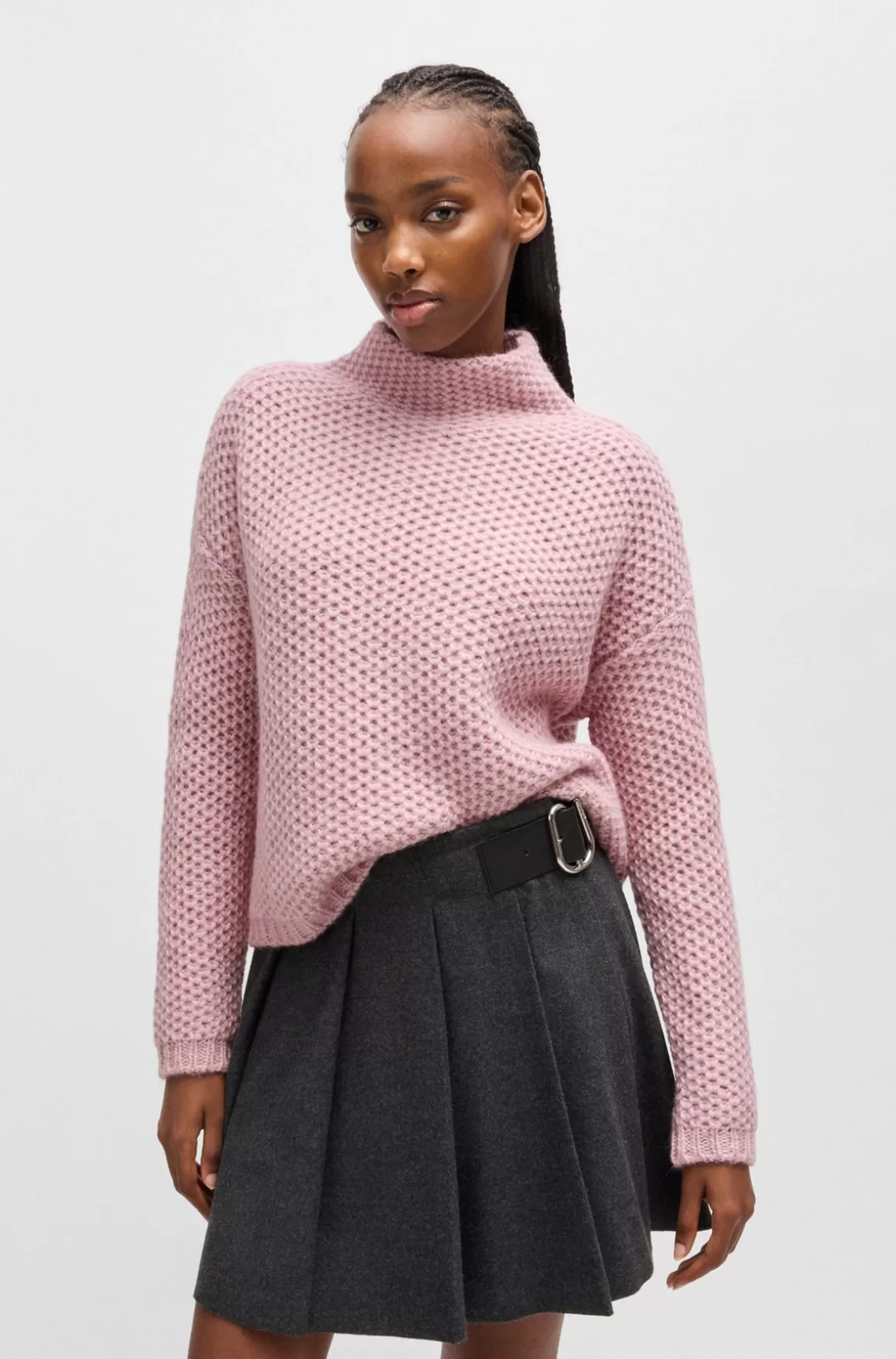 HUGO BOSS Sweater Med Høj Krave Og Riskornstruktur