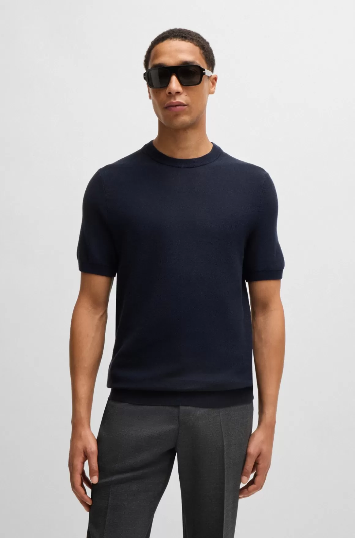 HUGO BOSS Sweater Med Korte ærmer I Bomuldsblanding Med Mikrostruktur