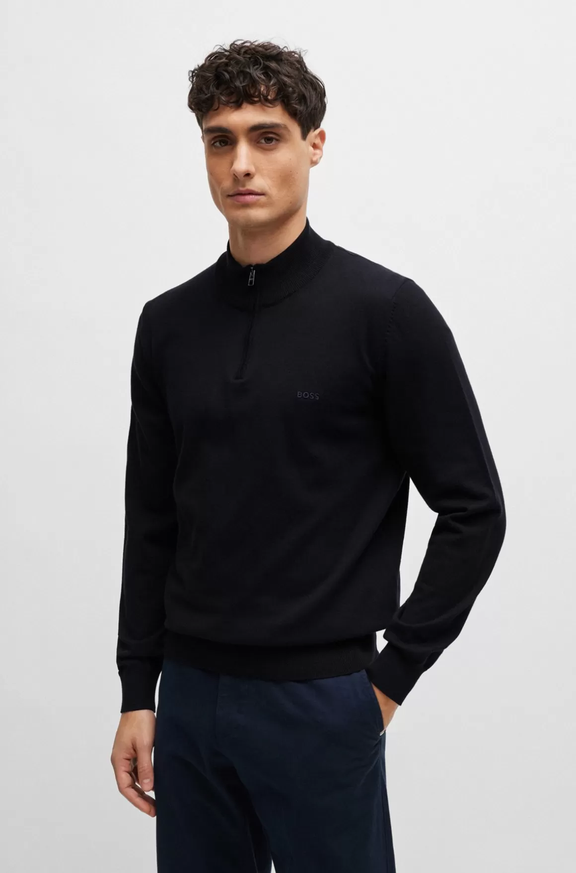HUGO BOSS Sweater Med Lynlås I Halsen I Bomuld Med Broderet Logo