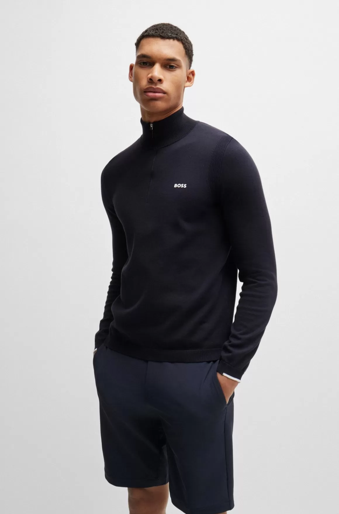 HUGO BOSS Sweater Med Lynlås I Halsen I Bomuldsblanding Med Logoprint