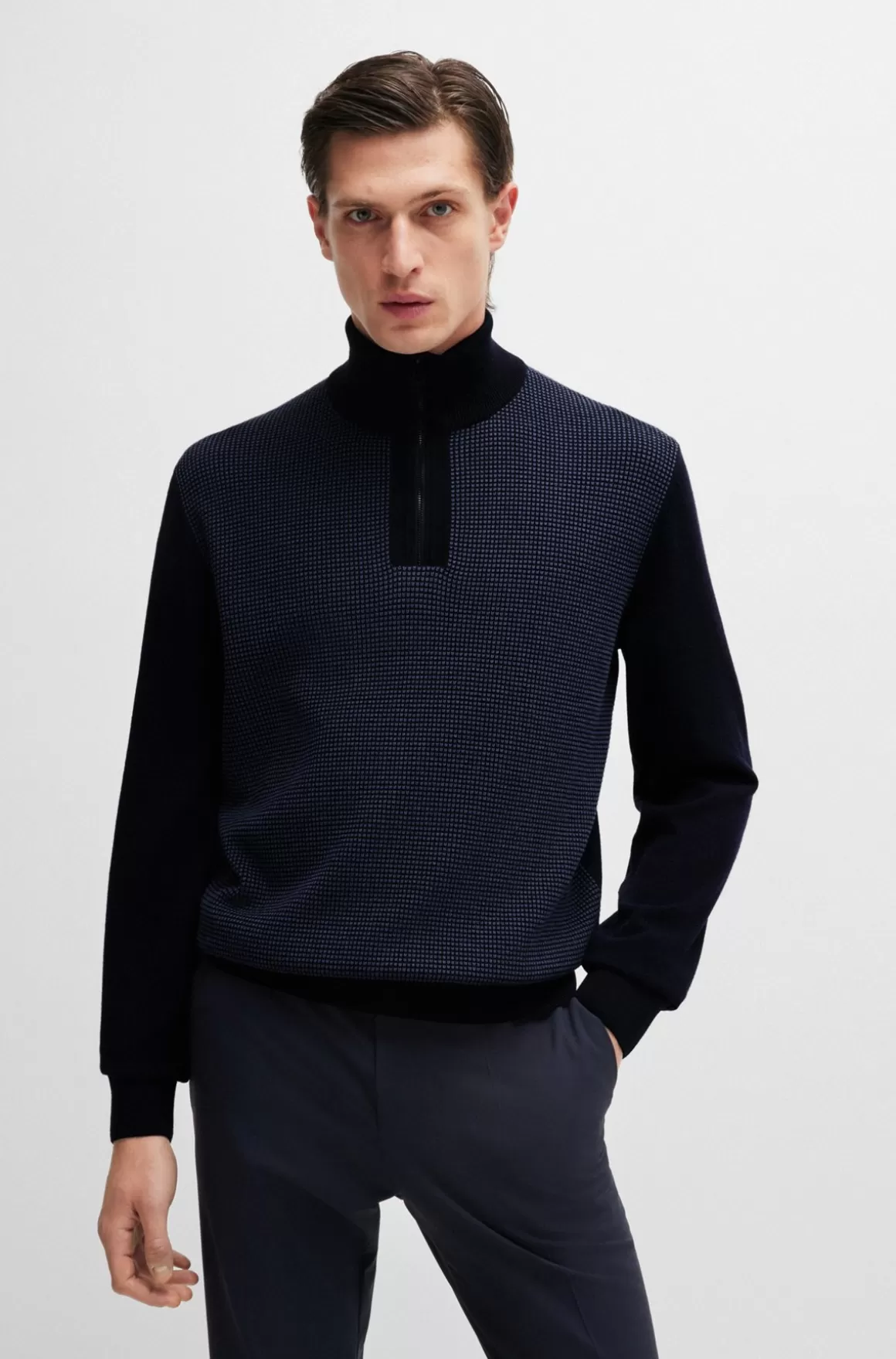 HUGO BOSS Sweater Med Lynlås I Halsen I Ny Uld Med Blandede Strukturer