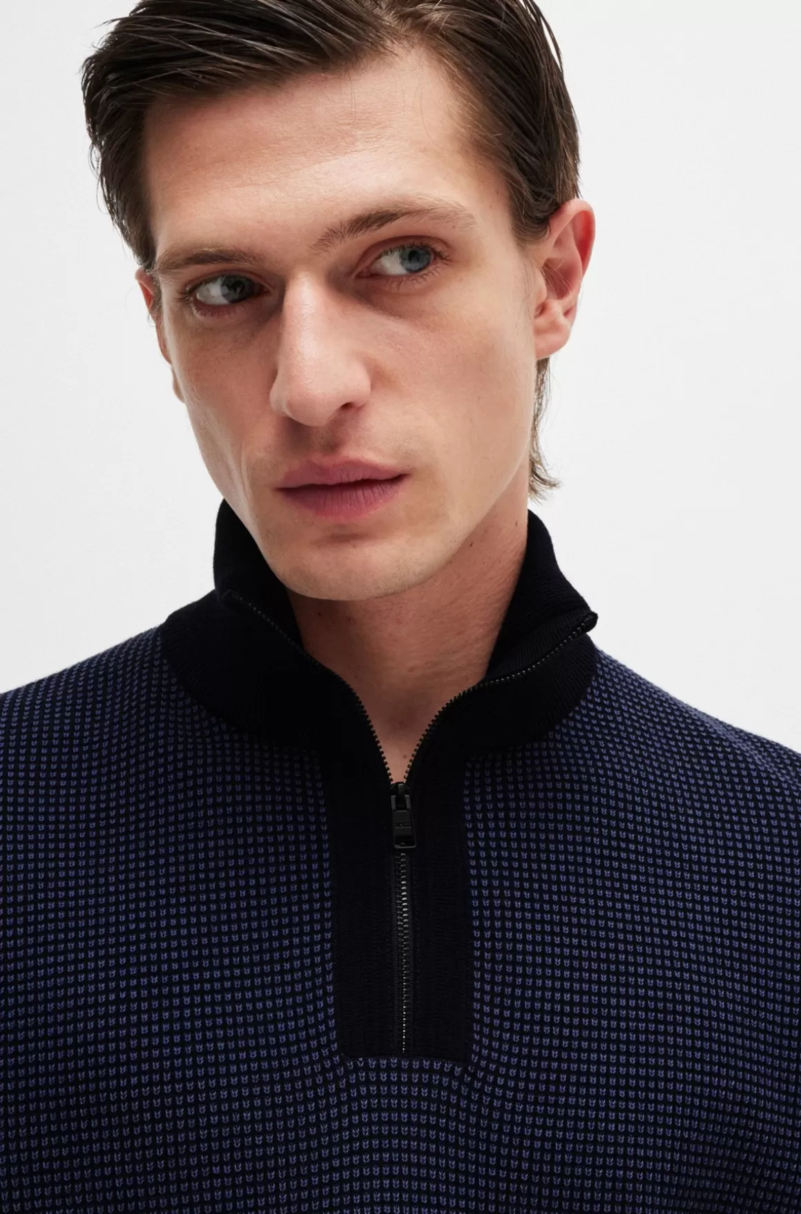 HUGO BOSS Sweater Med Lynlås I Halsen I Ny Uld Med Blandede Strukturer
