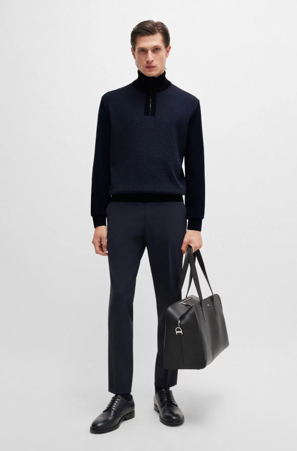 HUGO BOSS Sweater Med Lynlås I Halsen I Ny Uld Med Blandede Strukturer