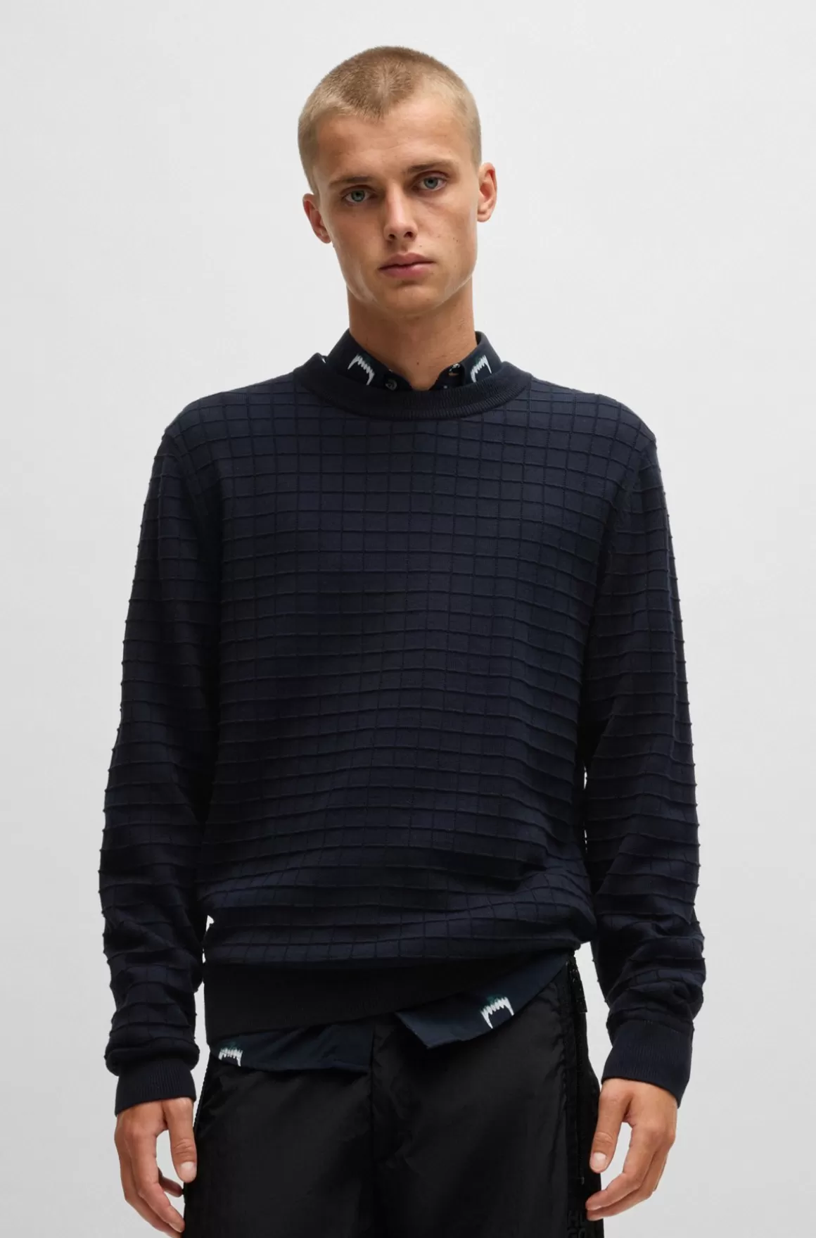 HUGO BOSS Sweater Med Regular Fit I Bomuld Og Gittermønster