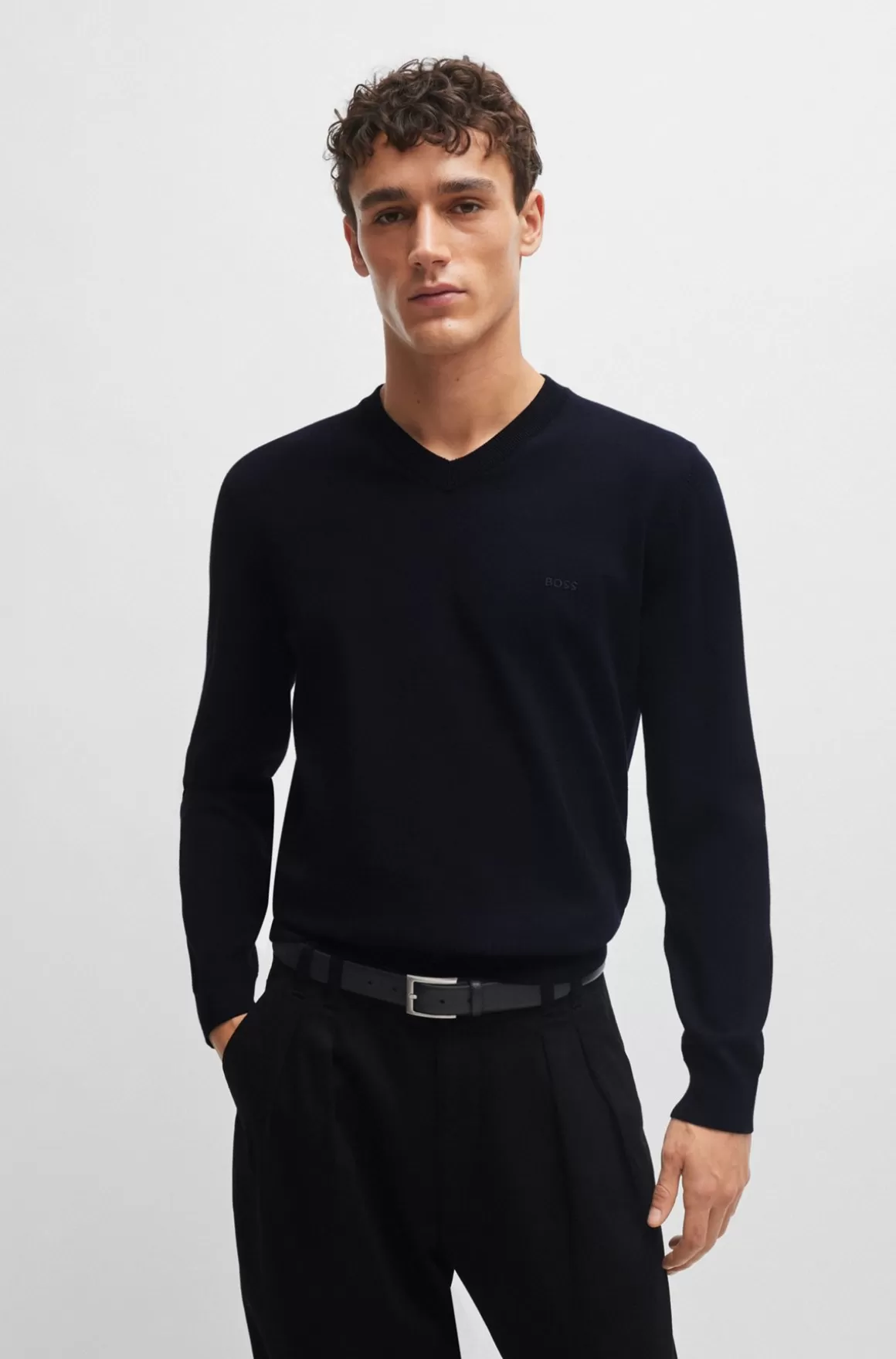 HUGO BOSS Sweater Med V-hals I Bomuld Med Broderet Logo
