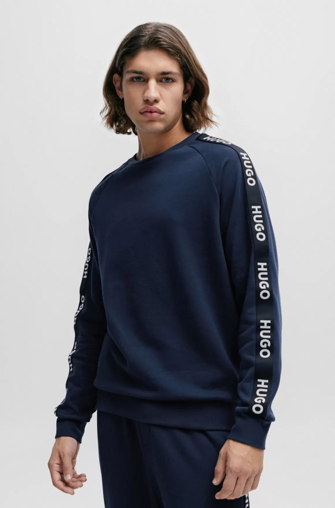 HUGO BOSS Sweatshirt I Bomuldsfrotté Med Logobånd Og Ribbede Manchetter