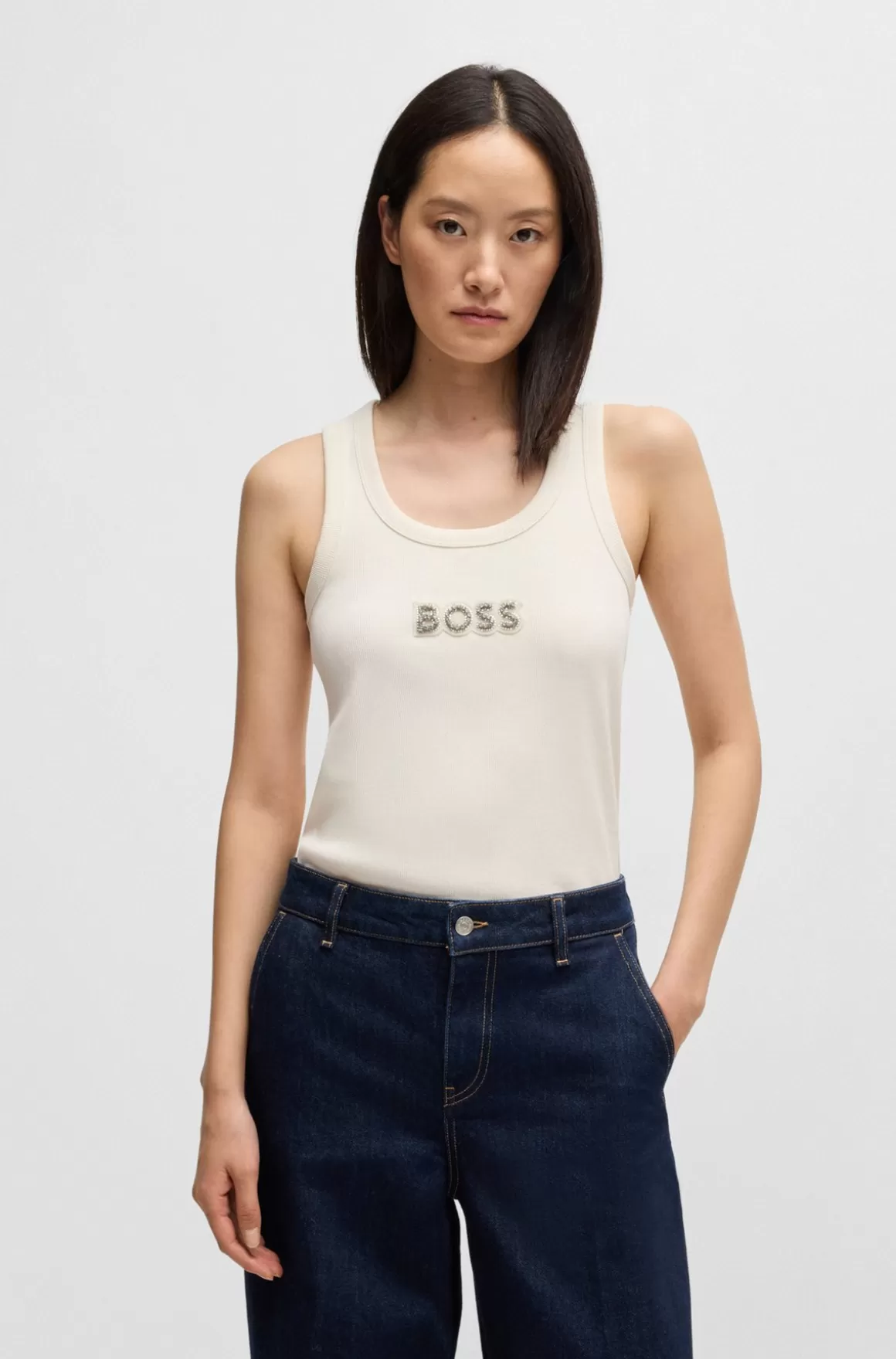 HUGO BOSS Tanktop I Bomuldsrib Med Stræk Og Krystallogo