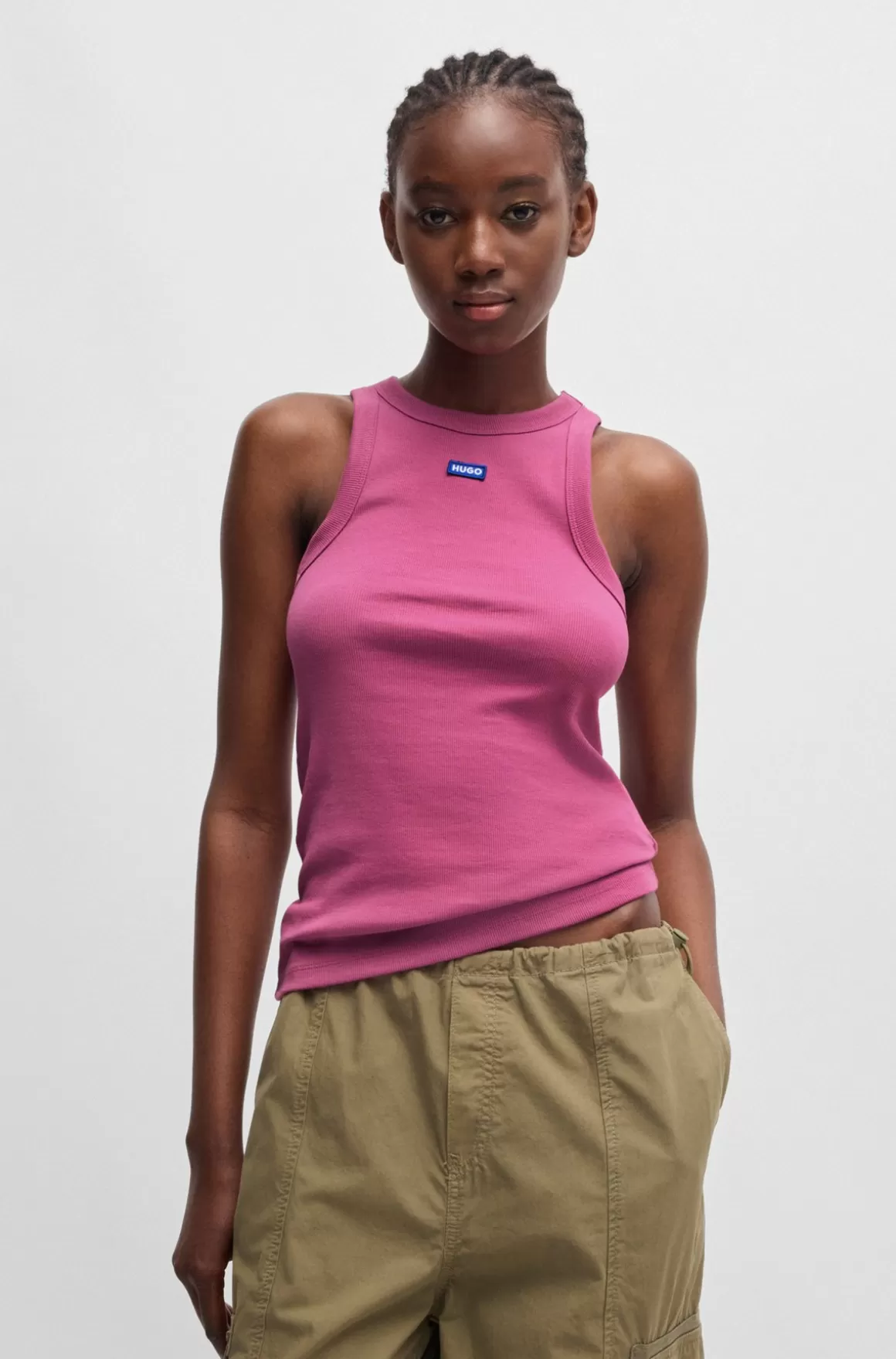 HUGO BOSS Top Med Slim Fit Top Af Strækbomuld Med Blåt Logobadge