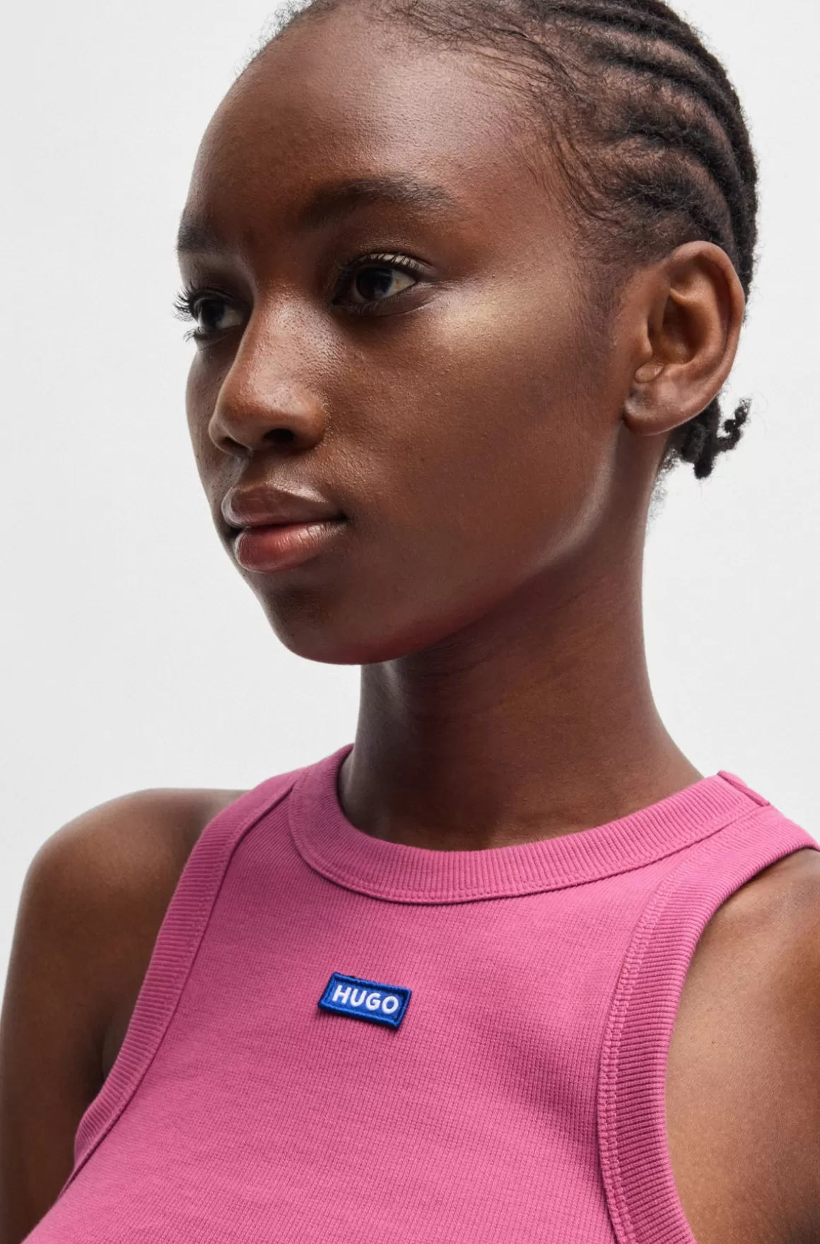 HUGO BOSS Top Med Slim Fit Top Af Strækbomuld Med Blåt Logobadge