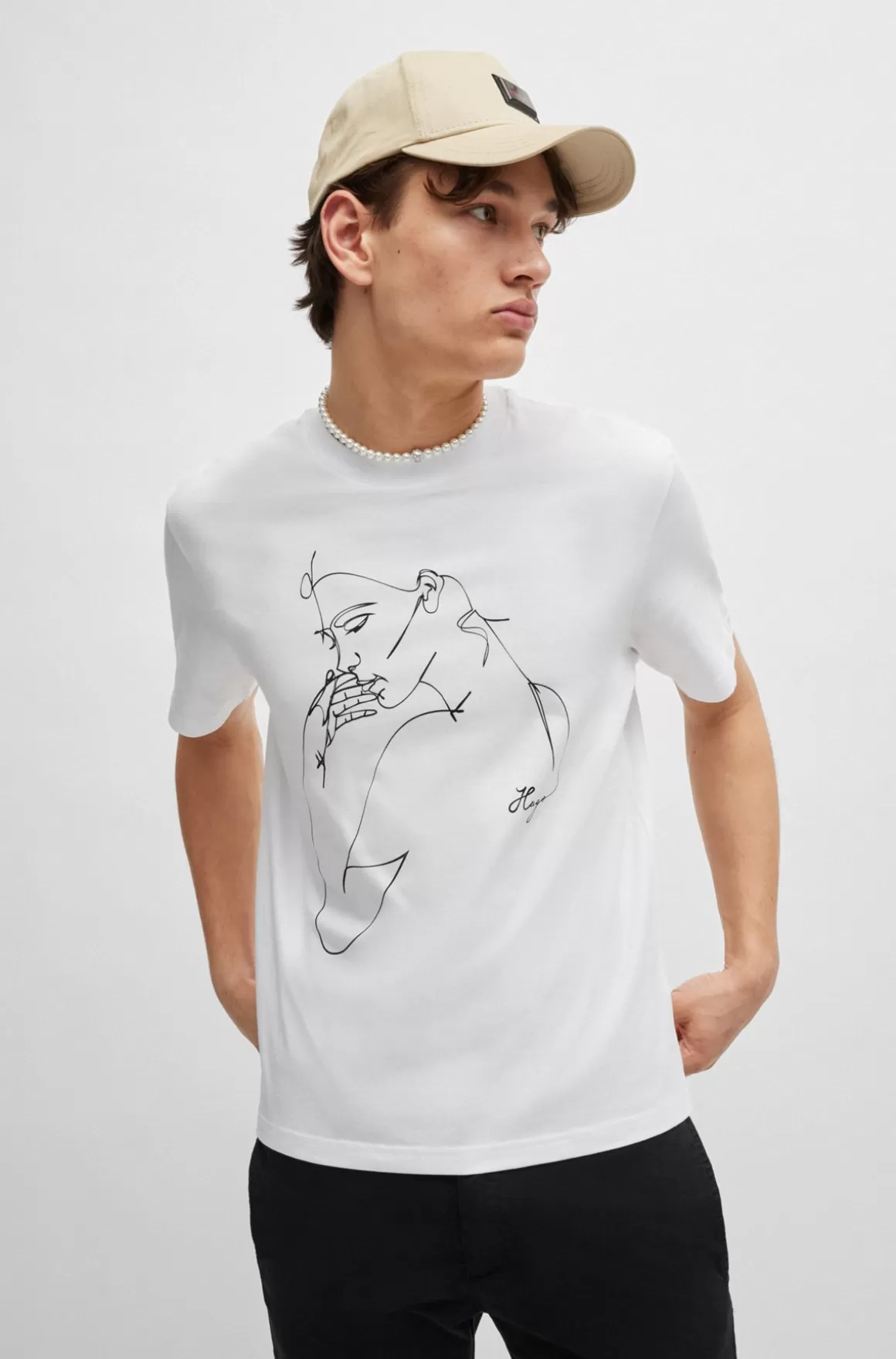 HUGO BOSS T-shirt I Bomuldsjersey Med Relaxed Fit Og Printet Ansigt