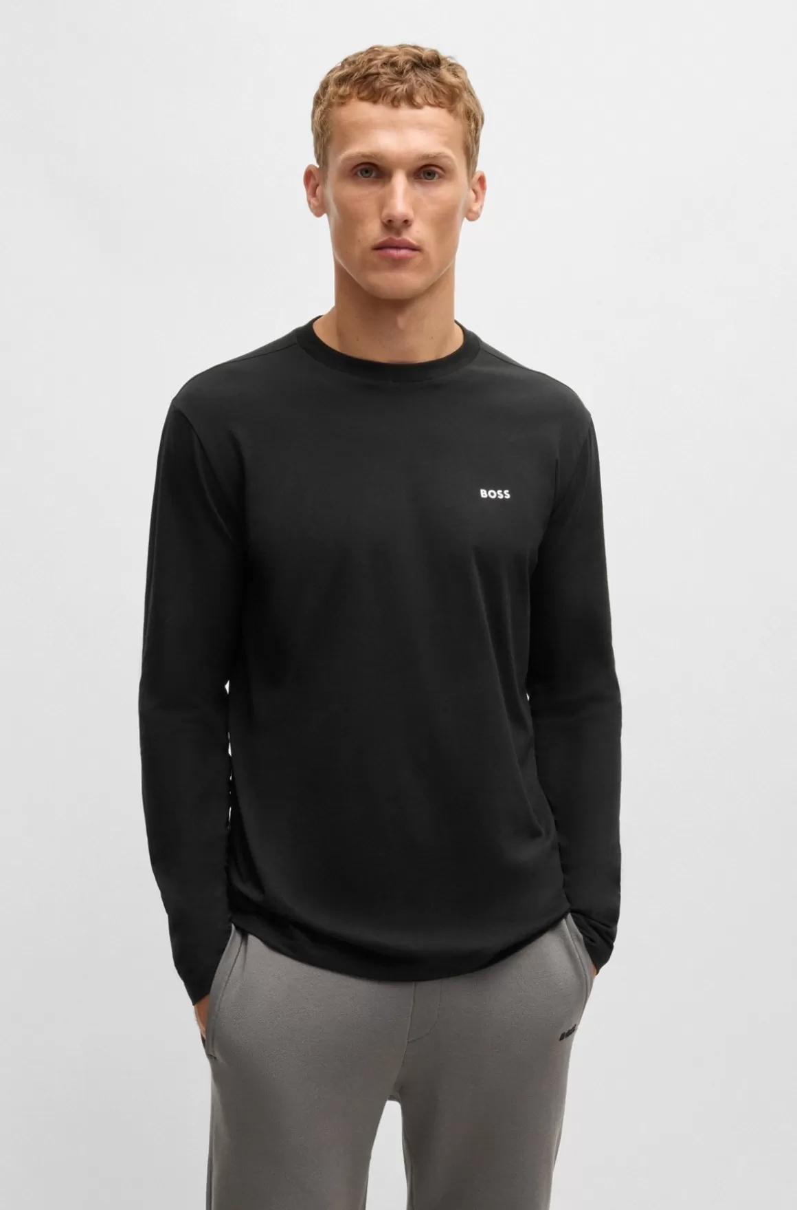 HUGO BOSS T-shirt Med Lange ærmer I Bomuld Med Stræk Kontrastlogo