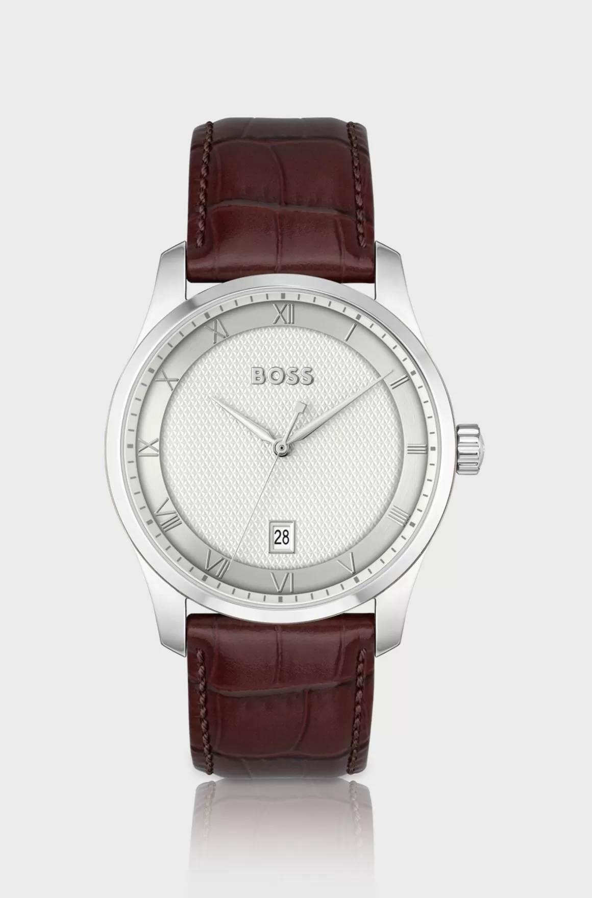HUGO BOSS Ur Med Læderrem Og Sølvfarvet Urskive Med Mønster