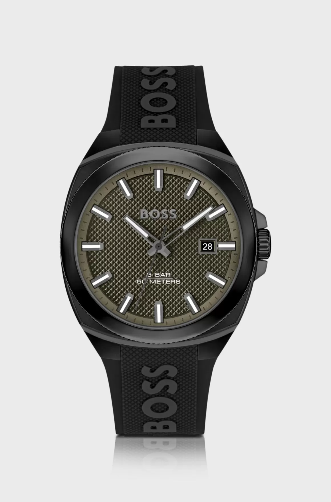 HUGO BOSS Ur Med Silikonerem Og Olivengrøn Urskive Med Guillochering